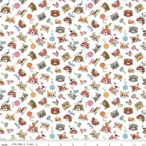 Cat&#39;s Meow Head Toss White * - LAMINATED Cotton Fabric - Riley Blake