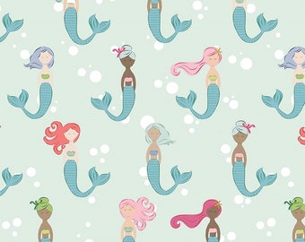 Let's be Mermaids Main Mint - LAMINATED Cotton Fabric - Riley Blake