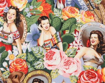 Pin-Ups Las Senoritas - LAMINATED Cotton Fabric - Alexander Henry