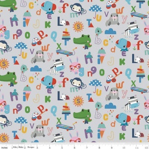 LAMINATED cotton fabric - Let's Play Alphabet on gray (sold continuous by the half yard) Food Safe Fabric, BPA free LICENSED by Fisher Price