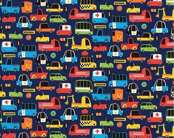 Cops and Robbers Move It Vehicles Navy - LAMINATED Cotton Fabric - Riley Blake