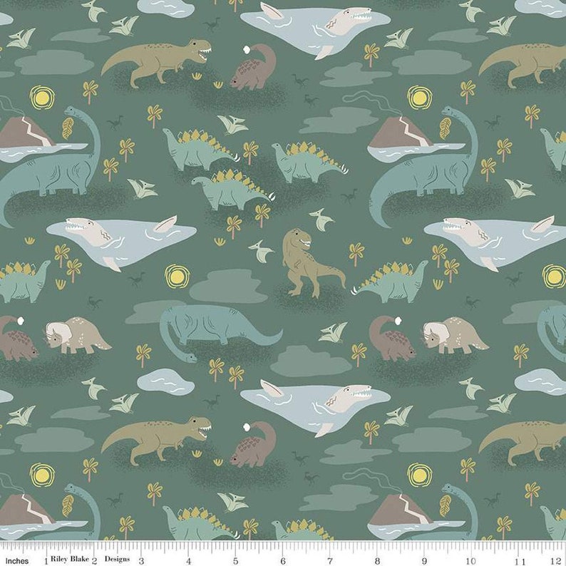 Riley Blake - Roar - Main Green - LAMINATED Cotton Fabric by the Half Yard