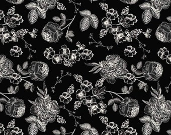 Fleur Noire Main Black * - LAMINATED Cotton Fabric - Riley Blake