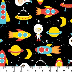 Astronauts and Spaceships Black Anne Kelle* Wide Width LAMINATED Cotton Fabric - Robert Kaufman