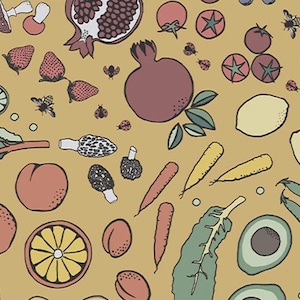 WIDE LAMINATED cotton fabric  from. Splash (sold continuous by the half yard) - Dijon Veggies, Matte Finish, BPA free, Food Safe