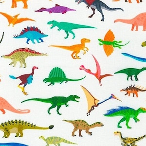 Alphabetosaurus Dinosaurs White * - Wide Width - LAMINATED Cotton Fabric - Robert Kaufman