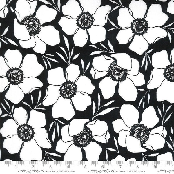 Moody Floral Ink Black - Tissu en coton plastifié - Moda