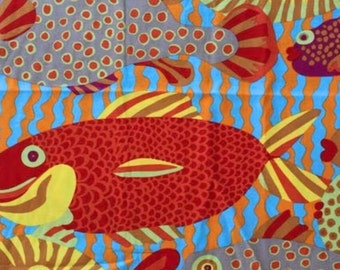 WIDE LAMINATED cotton fabric (sold continuous by the half yard) Salt Water Fish pastel, BPA free, Food Safe