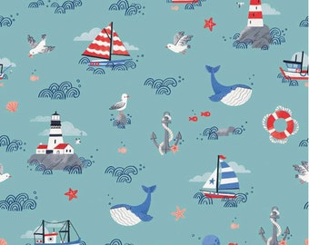 Lost at Sea Main Seafoam - LAMINATED Cotton Fabric - Riley Blake