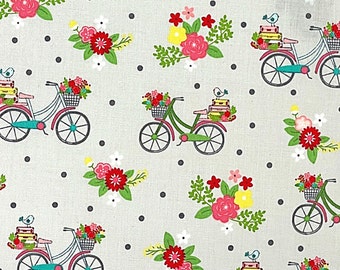 Vintage Adventure Bikes Gray - LAMINATED Cotton Fabric - Riley Blake