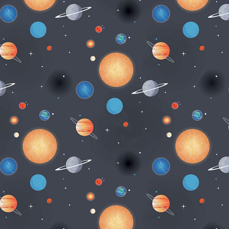 LAMINATED cotton fabric Planets on charcoal gray sold | Etsy