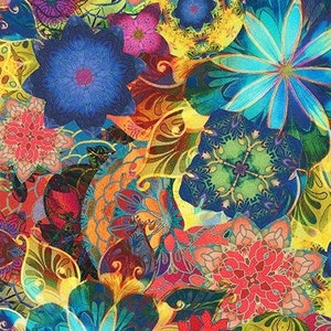 Puede incluir: Un patrón floral abstracto colorido con una variedad de colores y formas. El patrón incluye flores, hojas y espirales. Los colores son brillantes y vibrantes, y el patrón es intrincado y detallado.