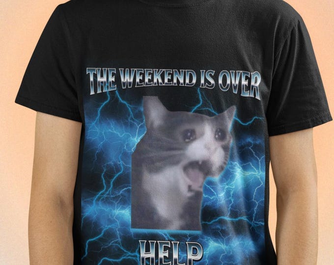 Funny Crying Cat Meme Shirt, The Weekend Is Over Graphic Tee, Vintage Y2K Grunge Aesthetic Unisex T-Shirt, Internet Humor Top, Weird Gift
