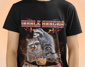 Funny Raccoon Meme Shirt Inhale Snacks Exhale Drama Tee Vintage Retro 90s Graphic Top Trash Panda Humor T-Shirt Y2K Aesthetic Unisex Gift