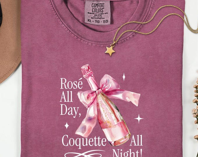 Comfort Colors® Rosé All Day Coquette Tee, Pink Champagne Bow Shirt, Girly Aesthetic Top, Soft Girl Era Gift, Coquette Party Gift For Her