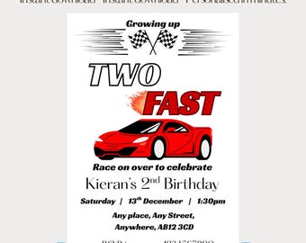 Invitation d'anniversaire « Deux ans en course » | Invitation pour un garçon de 2 ans sur le thème des voitures de course | Modèle Canva modifiable | Fête sur le thème de la course automobile | Téléchargement numérique à imprimer