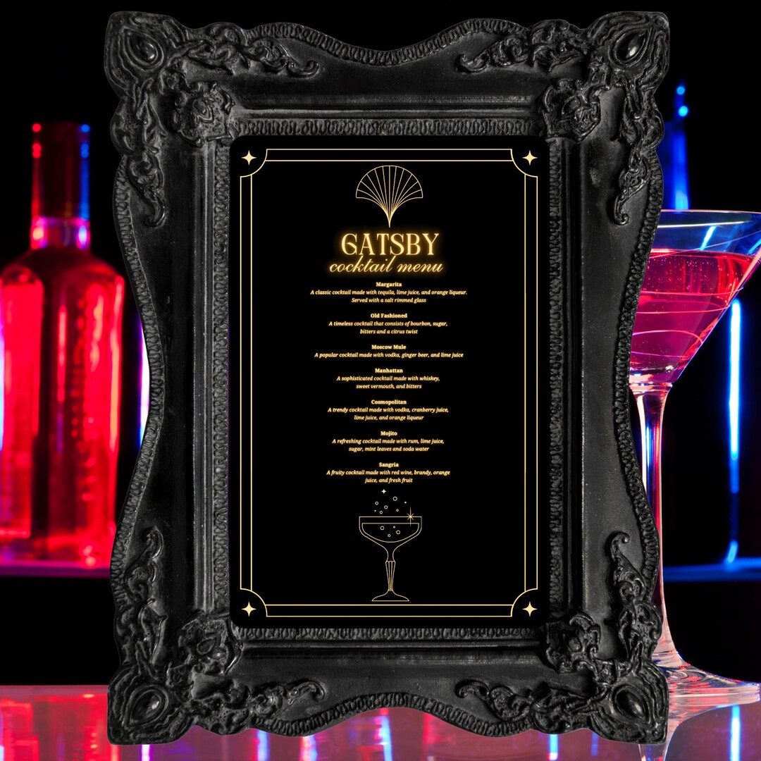 Gatsby 1920s Cocktail Menu Template | Editable Canva Bar Sign | Gold ...