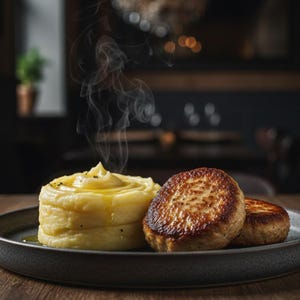 以下が含まれることがあります： マッシュポテトと丸く焼かれた2つのパティが盛られた料理の皿。食べ物から湯気が立ち上り、出来立てであることを示唆しています。お皿は濃いグレーで、背景はぼやけたレストランの設定です。