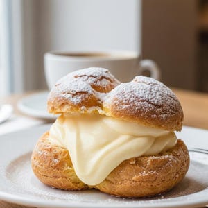 Pode incluir: Um pastel de nata polvilhado com açúcar de confeiteiro, recheado com creme de confeiteiro cremoso, servido em um prato branco. Uma xícara de café está no fundo, criando uma cena de café.
