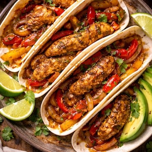 以下が含まれることがあります： 鶏肉、赤と黄色のピーマン、玉ねぎを詰めたタコス3つの俯瞰写真。コリアンダー、ライムウェッジ、アボカドのスライスで飾られています。サルサと小さなソースのボウルが入った木製のプレートで提供されます。