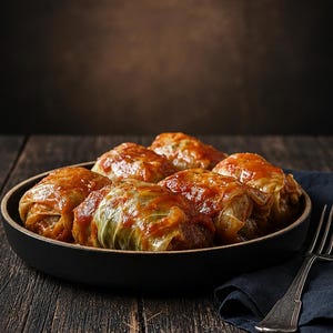Puede incluir: Se presenta un plato de rollos de repollo rellenos, un plato tradicional. Los rollos están cubiertos con una rica salsa de tomate, con hojas de repollo visibles. El plato se sirve en un plato negro, sobre una mesa de madera oscura con una servilleta azul y un tenedor.