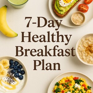 May include: A vibrant image showcasing a 7-Day Healthy Breakfast Plan. The image features a variety of breakfast foods, including a green smoothie, avocado toast with an egg, oatmeal, scrambled eggs with vegetables, yogurt with berries, and a banana.