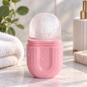 May include: A pink silicone ice roller mould featuring a U-shaped design on the exterior. The top portion contains a rounded, solid block of clear ice that is melting, with visible water droplets on the surface of the pink silicone container.