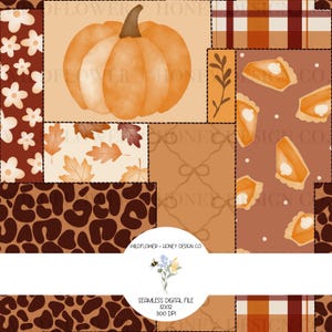 May include: A digital pattern featuring a patchwork design with sections of orange pumpkins, brown leopard print, white flowers on a dark background, autumn leaves, and pumpkin pie slices. A central circular label reads WILDFLOWER + HONEY DESIGN CO.
