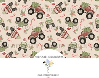 Christmas Monster Trucks Seamless Pattern | Holiday Digital Paper (Digital Download)