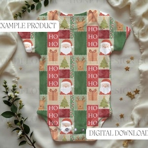 May include: A baby bodysuit with a festive Christmas pattern. The design features Santa Claus, reindeer, Christmas trees, and gift boxes on a patchwork background. The words "HO" are repeated throughout the design. The text "EXAMPLE PRODUCT" and "DIGITAL DOWNLOAD" are also visible.