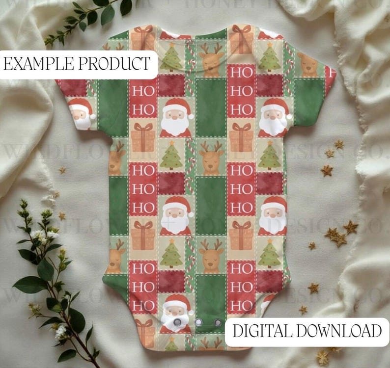 May include: A baby bodysuit with a festive Christmas pattern. The design features Santa Claus, reindeer, Christmas trees, and gift boxes on a patchwork background. The words "HO" are repeated throughout the design. The text "EXAMPLE PRODUCT" and "DIGITAL DOWNLOAD" are also visible.