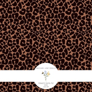May include: A seamless digital pattern featuring a repeating leopard print with dark brown spots on a light brown background. A circular white label in the center displays the text WILDFLOWER + HONEY DESIGN CO. SEAMLESS DIGITAL FILE 12X12 300 DPI.