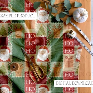 May include: A festive Christmas-themed fabric with Santa Claus, reindeer, and Christmas trees in a patchwork design. The fabric is green, red, and cream-colored. Gold scissors, a measuring tape, and a pin cushion are on a wooden surface. The text "EXAMPLE PRODUCT" and "DIGITAL DOWNLOAD" are visible.