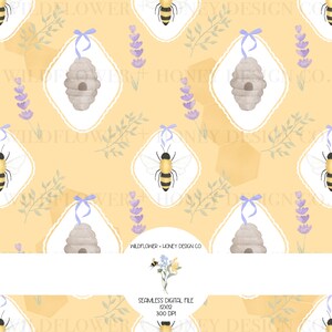 May include: A seamless digital pattern featuring watercolor illustrations of beehives, bees, and lavender sprigs on a light yellow background with a hexagonal motif. A central circular label displays the text WILDFLOWER + HONEY DESIGN CO.