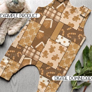 May include: A sleeveless romper featuring a patchwork pattern of gingerbread men, candy canes, stars, bows, and houses in shades of brown and cream. The garment includes metal snap closures at the shoulders and displays the text EXAMPLE PRODUCT.