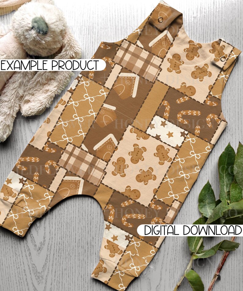 May include: A sleeveless romper featuring a patchwork pattern of gingerbread men, candy canes, stars, bows, and houses in shades of brown and cream. The garment includes metal snap closures at the shoulders and displays the text EXAMPLE PRODUCT.