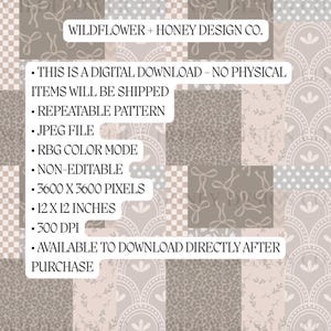 May include: Digital download graphic with a patchwork design in neutral tones. The image includes text indicating it is a digital download, a repeatable pattern, and a JPEG file. The dimensions are 30.48 x 30.48 cm.