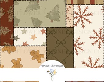 May include: A digital patchwork pattern featuring various holiday-themed squares including gingerbread people, evergreen trees, snowflakes, stars, plaid, and bows in shades of brown, cream, and sage green. A central circular logo reads WILDFLOWER + HONEY DESIGN CO. SEAMLESS DIGITAL FILE 12X12 300 DPI.