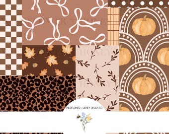 Neutral Boho Fall Patchwork Seamless Pattern | Coquette | Pumpkins | Leopard : Digital Paper (JPEG Download)
