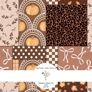 Op de afbeelding: Een digitaal patchworkpatroon met verschillende secties in bruine en beige tinten. De ontwerpen bevatten pompoenen onder witte bogen, luipaardprint, witte stippen op bruin, een dambordpatroon, witte strikken en herfstbladeren met eikels.