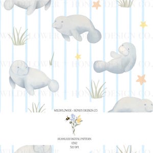 May include: A seamless digital pattern with watercolour manatee illustrations on a white backdrop with light blue stripes. The design includes yellow stars, green grass, and the text "WILDFLOWER + HONEY DESIGN CO."