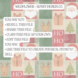 May include: A festive digital design featuring a patchwork pattern with Christmas-themed illustrations. The design includes Santa Claus, reindeer, Christmas trees, and gift boxes. Text includes "WILDFLOWER + HONEY DESIGN CO." and usage guidelines.