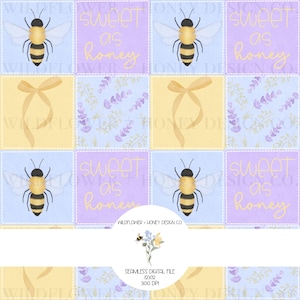 May include: A seamless digital pattern featuring a grid of alternating squares. Some squares display a yellow bee with black stripes on a light blue background with the text "sweet as honey" in yellow, while others show lavender sprigs or yellow bows.