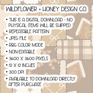 May include: A digital download graphic from Wildflower + Honey Design Co. featuring a beige and brown patchwork pattern with gingerbread houses and stars. The text lists specifications including 3600 x 3600 pixels, 12 x 12 inches, 300 DPI, and JPEG format.
