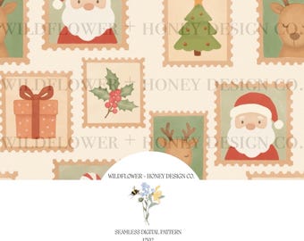 Christmas Stamp Seamless Pattern | Santa, Reindeer, Tree Digital Paper (Digital Download)