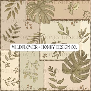 May include: A digital pattern featuring a patchwork design with botanical illustrations. The design includes various leaves and branches in shades of green and beige, with the text "WILDFLOWER + HONEY DESIGN CO." in a white banner.