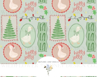 May include: A seamless digital pattern featuring watercolour illustrations of geese wearing Santa hats, geese with green bows, Christmas trees, holly berries, and string lights on a light green background with the text holly jolly and fa la la.