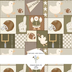 May include: A seamless digital pattern featuring illustrations of ducks, footballs, helmets, goalposts, and foam fingers in shades of brown, beige, and white. The design includes text reading GO TEAM and TOUCHDOWN, with a central overlay label.