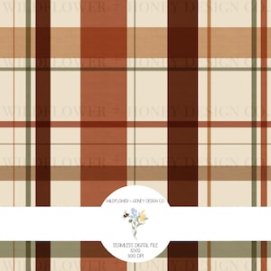 May include: A seamless digital pattern featuring a plaid design with intersecting vertical and horizontal lines in shades of cream, dark brown, rust orange, and muted olive green. The text Wildflower + Honey Design Co. 12x12 300 DPI is visible.