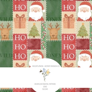 May include: A festive digital pattern with Christmas-themed squares. Each square features images of Santa Claus, reindeer, gifts, and Christmas trees. The pattern includes the text "HO" in red blocks, with a green and red colour scheme.